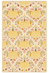 Golden pumpkin floral fall rug with elegant harvest design.