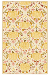 Golden pumpkin floral fall rug with elegant harvest design.