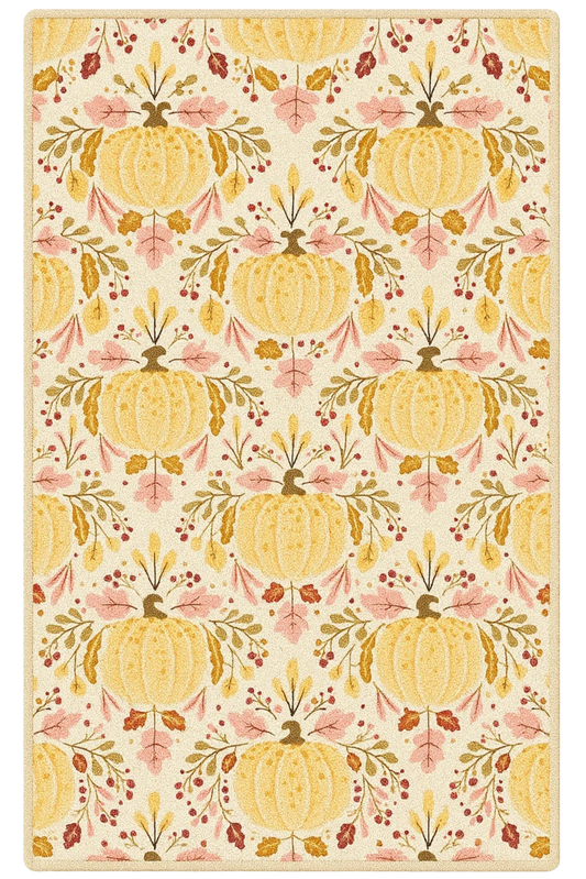 Golden pumpkin floral fall rug with elegant harvest design.