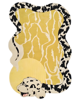 Hand-tufted yellow wool rug with black and ivory snake design and abstract shape