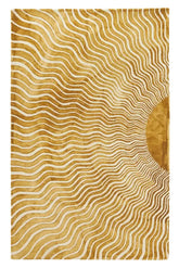Golden Modern Abstract Sunburst Wave Hand-Tufted Wool Rug.
