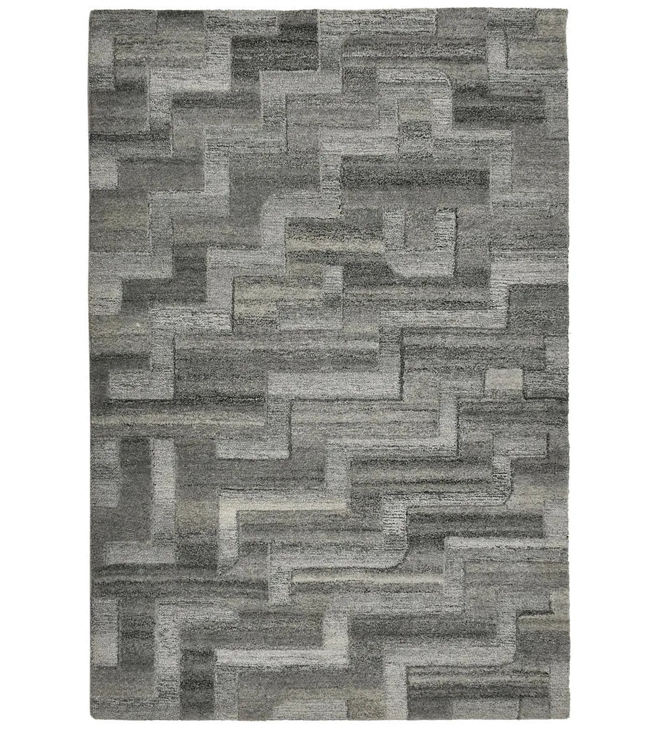 Gray geometric block hand-tufted wool rug with modern textured design