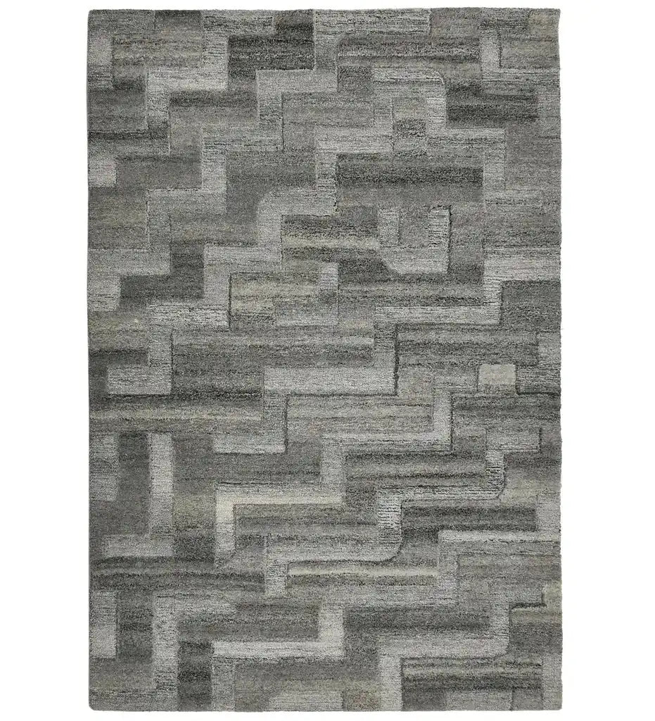 Gray geometric block hand-tufted wool rug with modern textured design