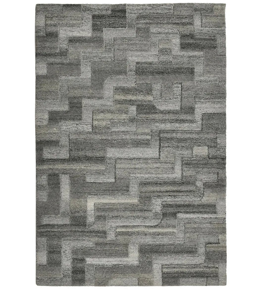 Gray geometric block hand-tufted wool rug with modern textured design