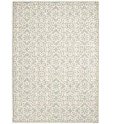 Gray geometric floral patterned rug with cream detailing.