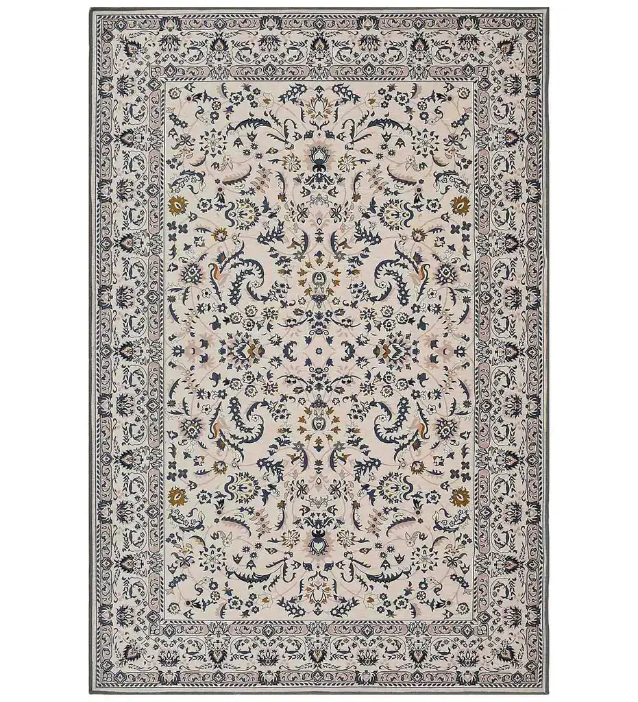 Gray medallion rug with intricate floral border and central ornate pattern