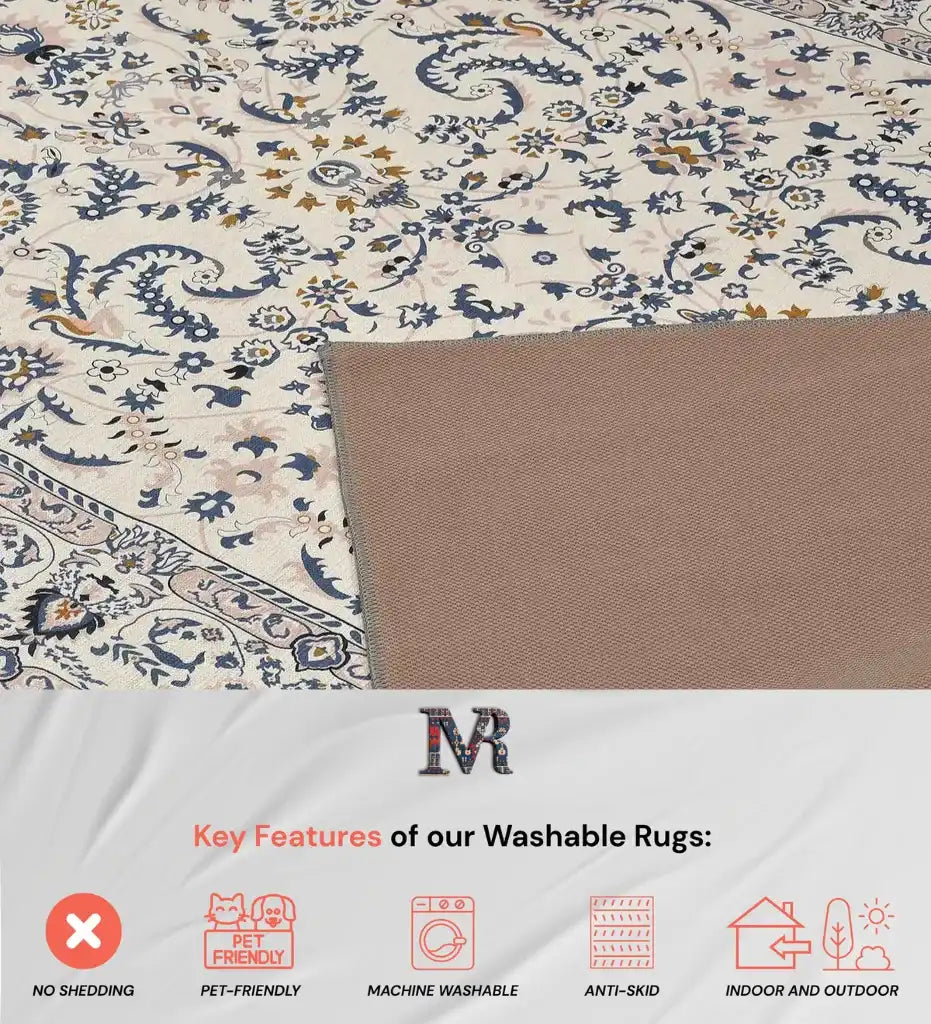 Gray medallion washable rug with anti-skid backing, pet-friendly and machine washable