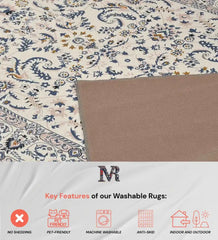 Gray medallion washable rug with anti-skid backing, pet-friendly and machine washable