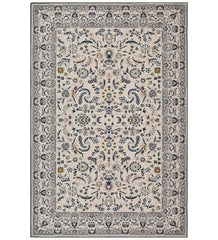 Gray medallion rug with intricate floral border and central ornate pattern