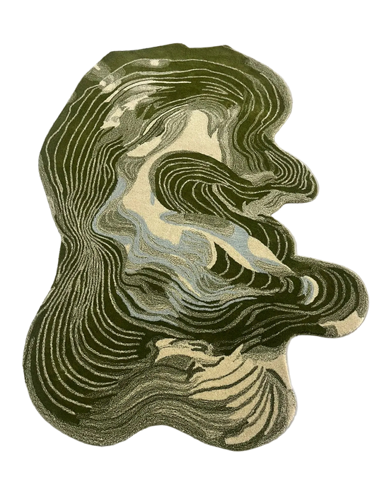 Gray and Green Abstract Curve Irregular Hand-Tufted Wool Rug features flowing lines and plush texture