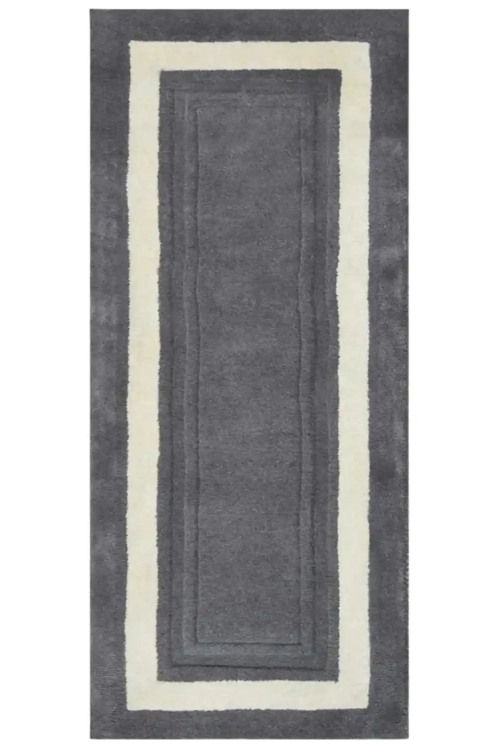 Gray and white hand-tufted rectangular runner rug with bordered design from Mannat Rugs