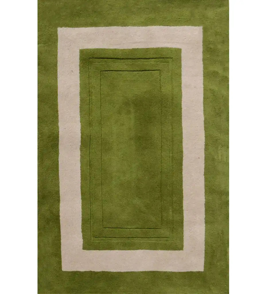 Green hand-tufted wool rug with ivory rectangular border
