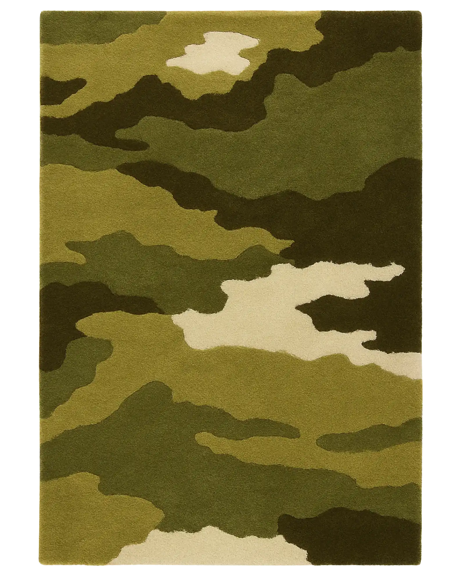 Green camouflage hand-tufted wool camo rug.