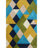 Handwoven tufted wool rug with geometric pattern in green, blue, mustard, navy, and beige colors