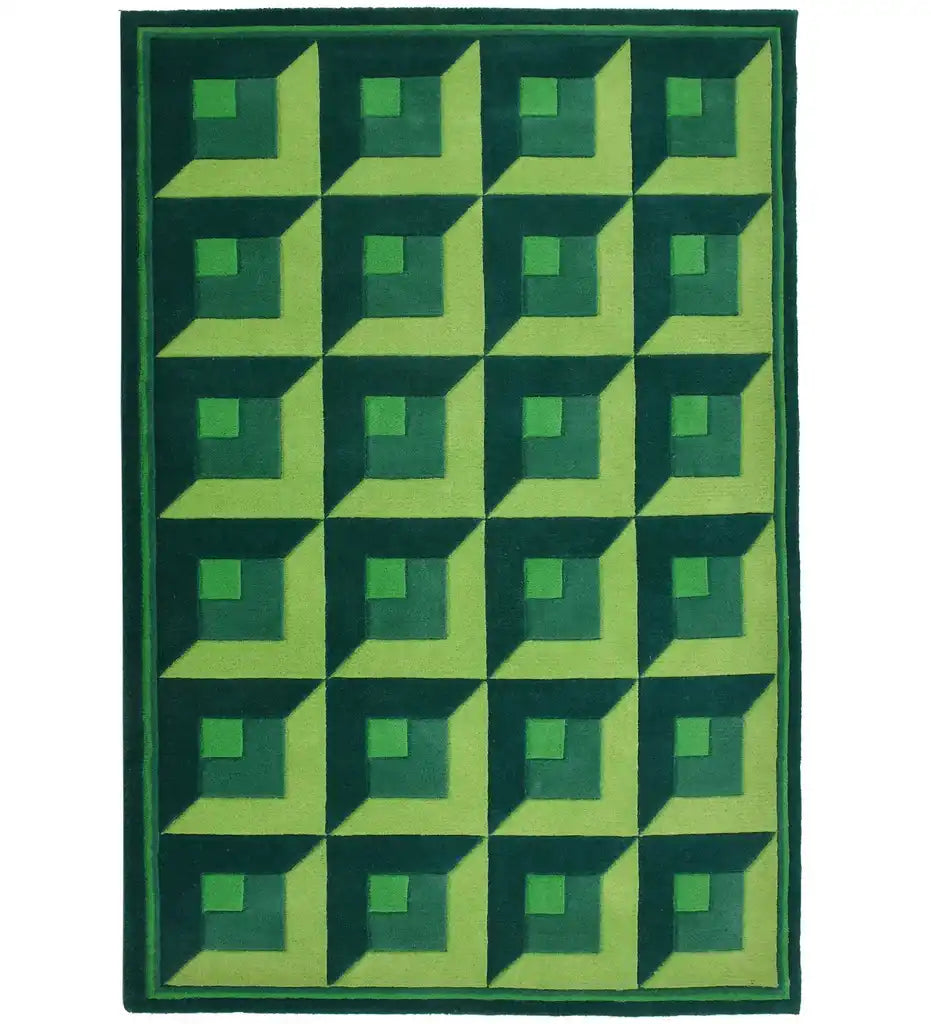 Green geometric hand-tufted wool rug with 3D cube design