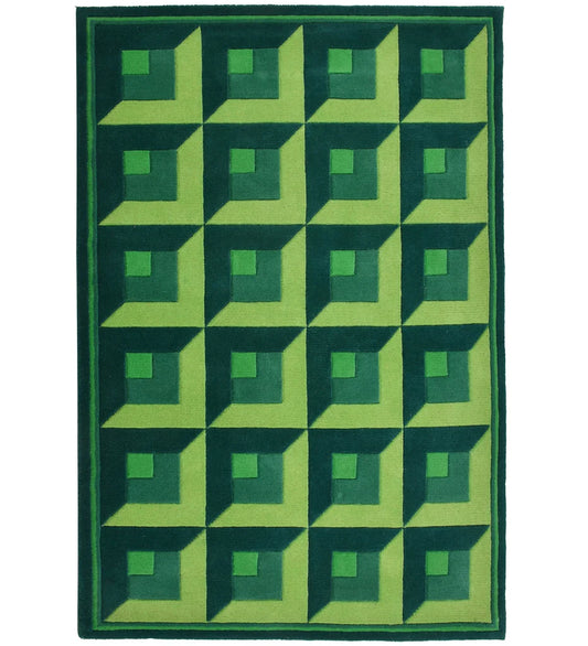 Green geometric hand-tufted wool rug with 3D cube design
