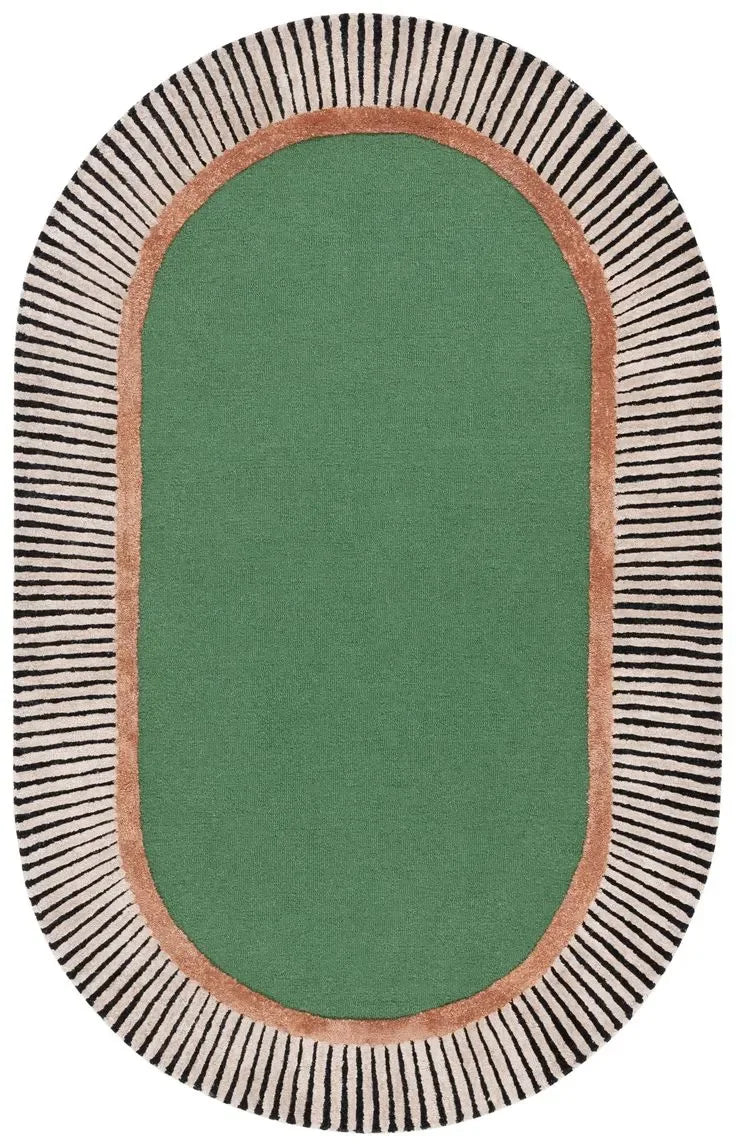 Green oval rug with striped brown, white and black border