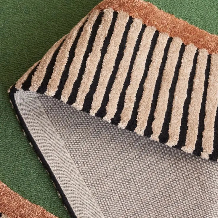 Oval Green Striped Border Hand Tufted Rug Texture