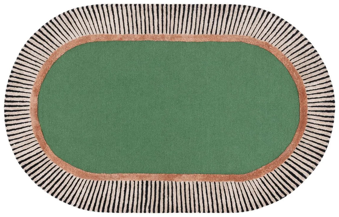 Green Oval Rug with white and black stripes border