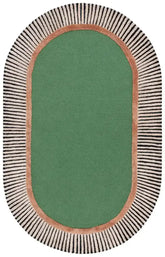 Green oval rug with striped brown, white and black border