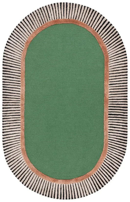 Green oval rug with striped brown, white and black border