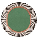 Round luxury handwoven rug with a green center, copper ring, and black-striped cream border