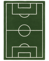 Green hand-tufted wool novelty rug with soccer field design.
