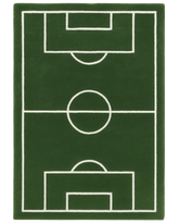 Green hand-tufted wool novelty rug with soccer field design.