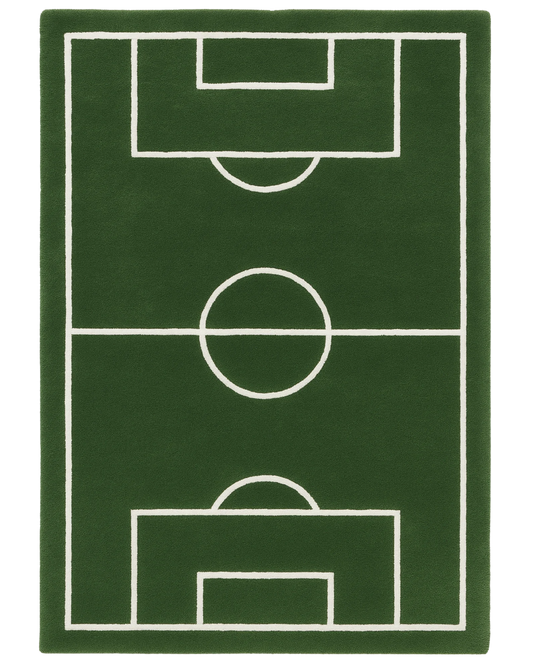 Green hand-tufted wool novelty rug with soccer field design.