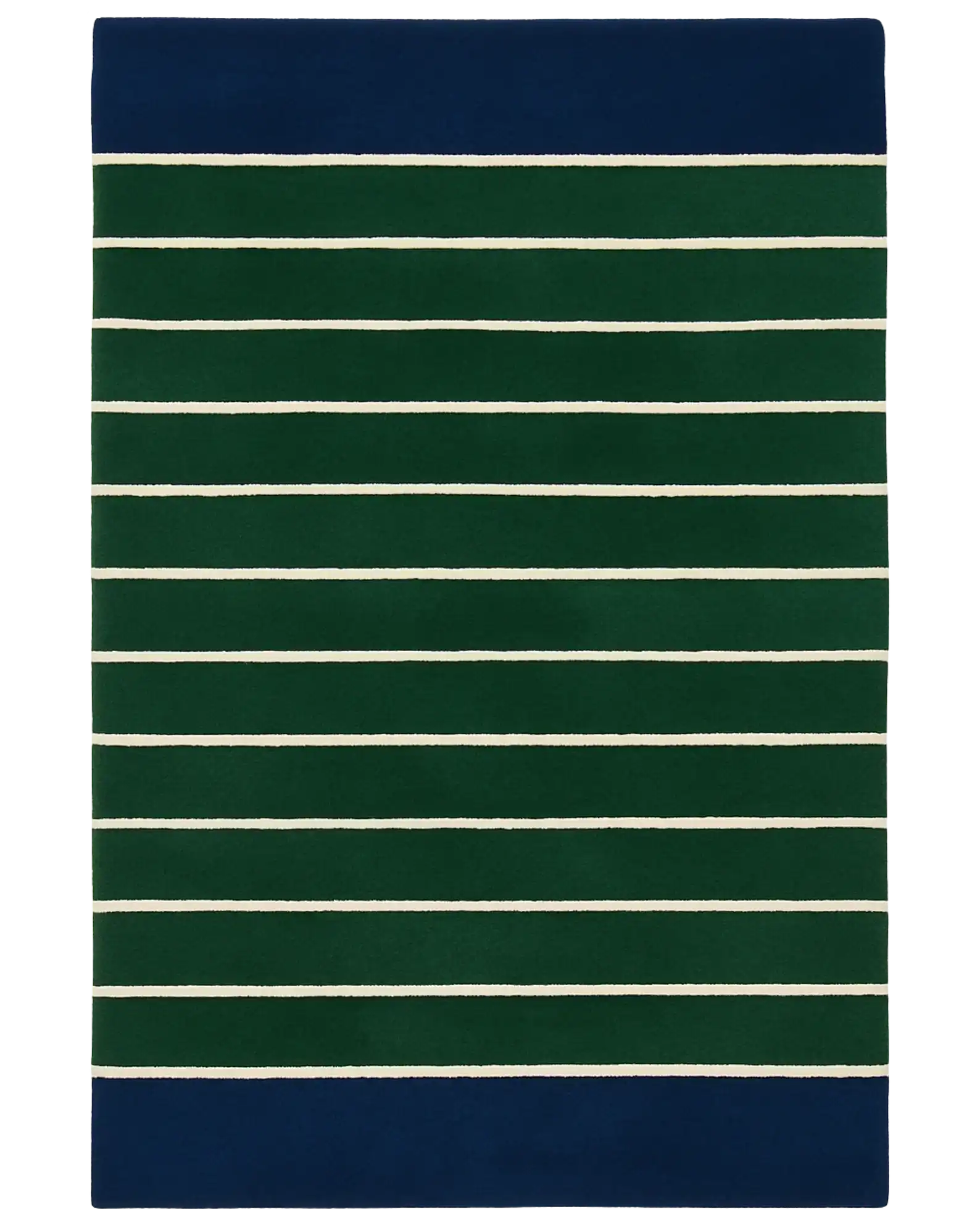 Hand-tufted wool novelty rug with green and blue striped design.