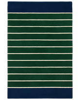 Hand-tufted wool novelty rug with green and blue striped design.