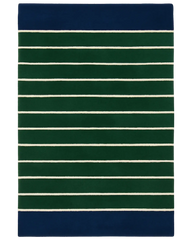 Hand-tufted wool novelty rug with green and blue striped design.