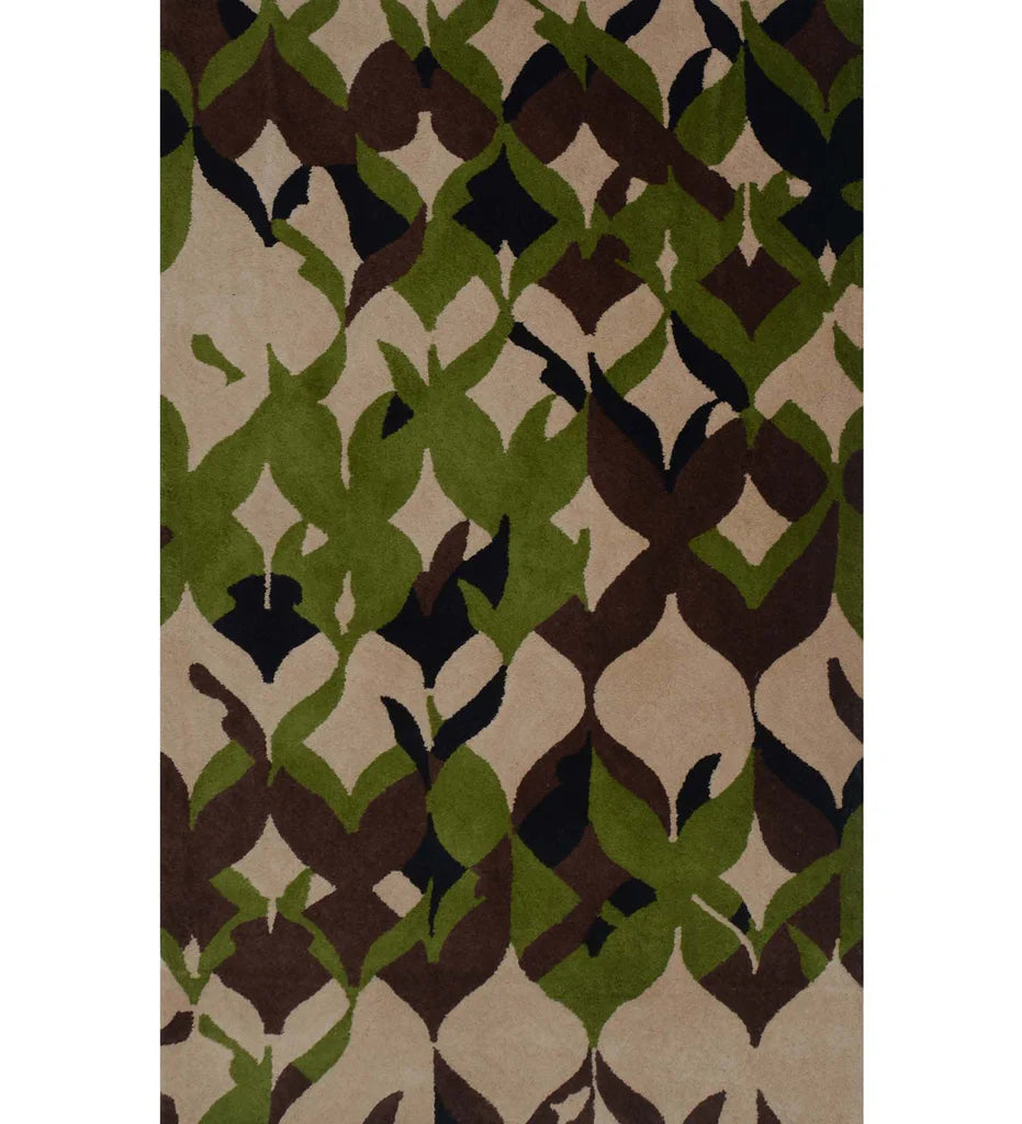 Abstract leaf-patterned hand-tufted wool rug in green, brown, and beige