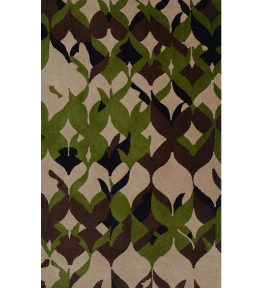 Abstract leaf-patterned hand-tufted wool rug in green, brown, and beige