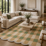 Green, Brown & Beige Checkered Area Rug - Hand Tufted