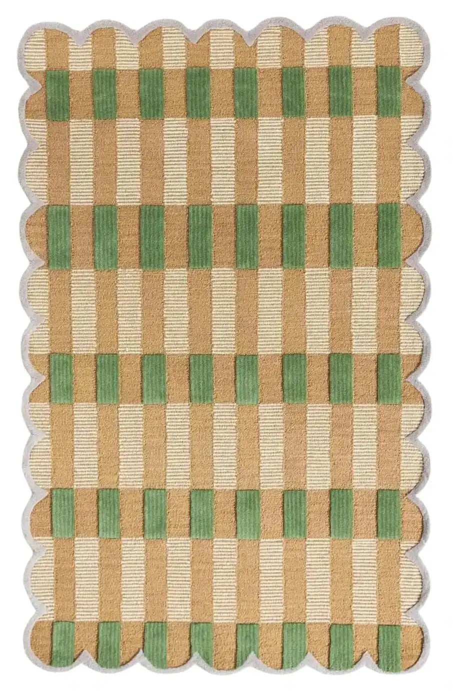 Handwoven rectangular rug with green, beige, and tan checkered pattern and scalloped edges