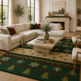 Green Christmas Snowflake & Pine Area Rug - Hand Tufted