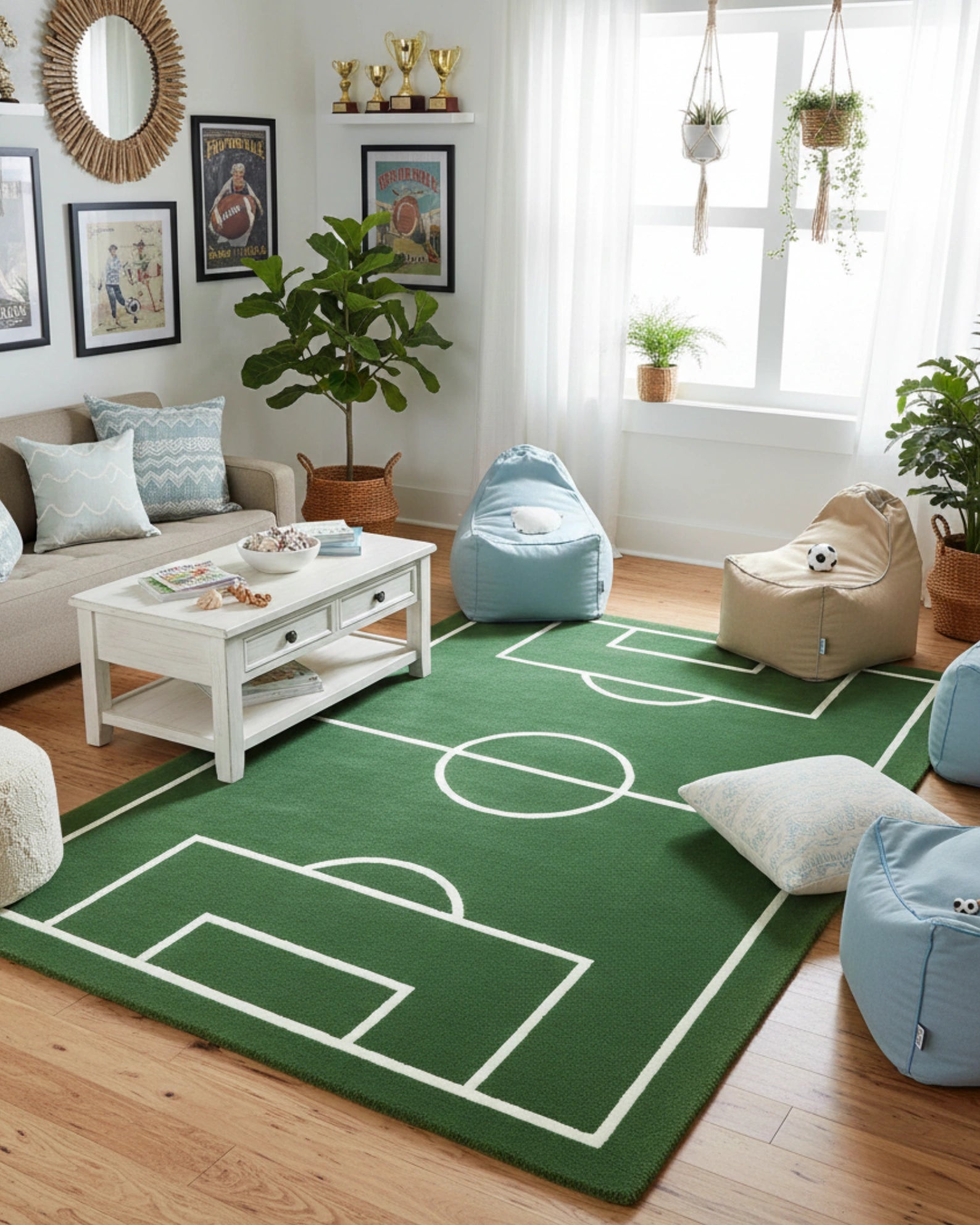 Green soccer field novelty area rug, hand-tufted design placed in a modern living room, featuring detailed field markings and a vibrant sports-inspired look