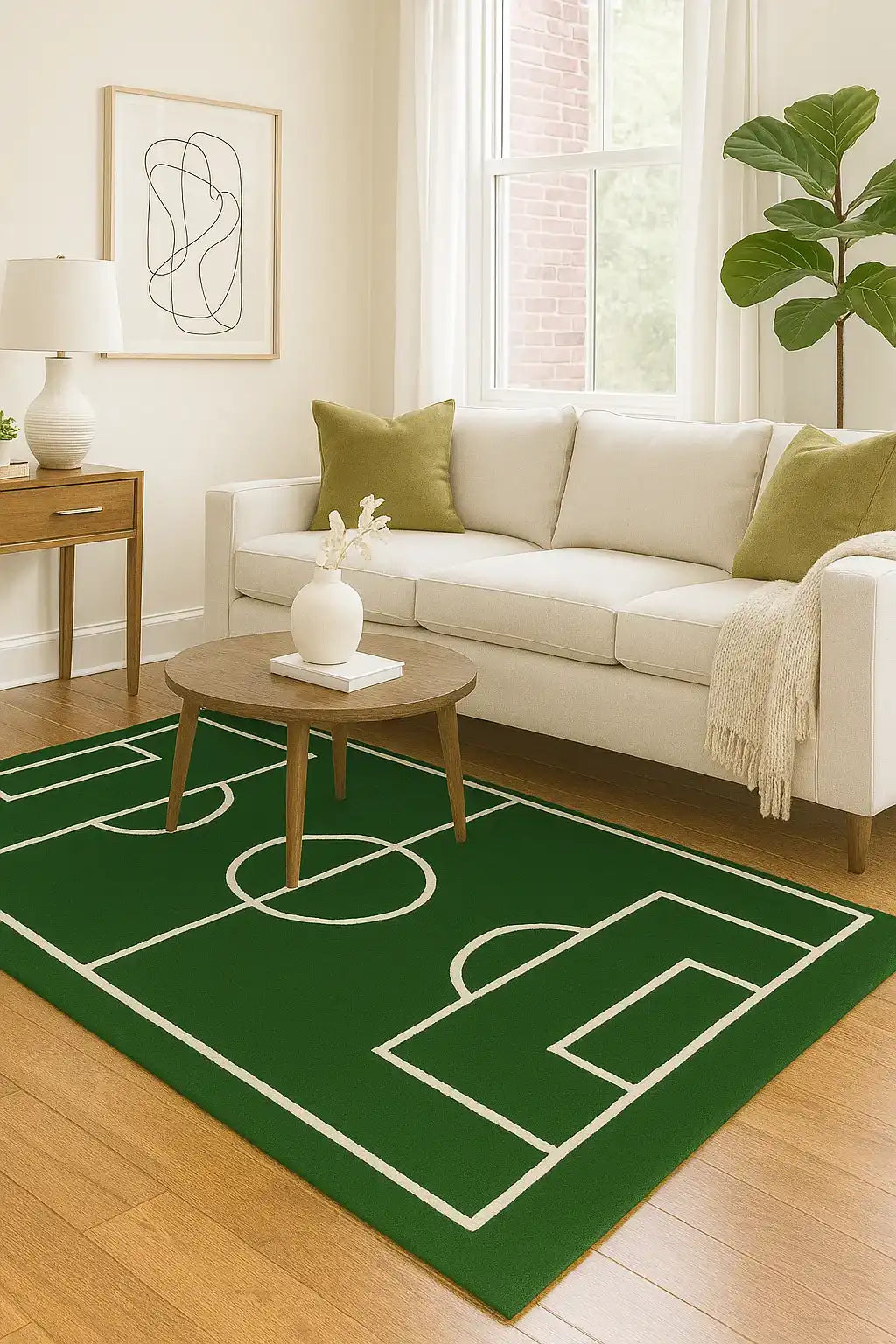 Sports-themed hand-tufted wool rug for kids’ rooms.