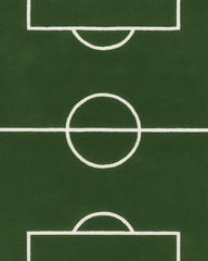 Premium wool soccer field novelty rug in green and white.