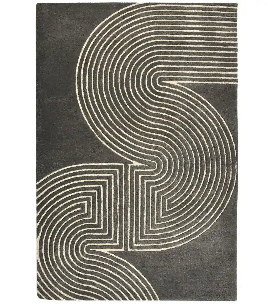 Grey handwoven wool rug with white abstract curved and linear pattern from Mannat Rugs