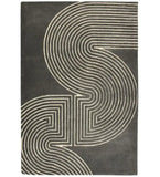 Grey handwoven wool rug with white abstract curved and linear pattern from Mannat Rugs