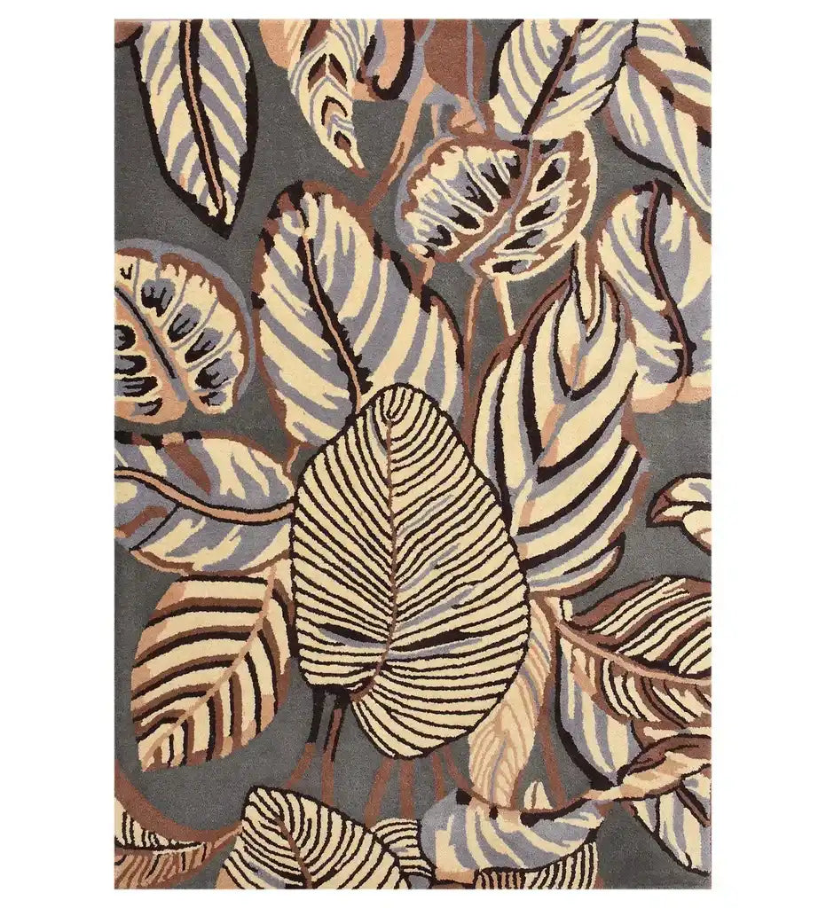 Luxury hand-tufted wool rug with a grey background and large beige, brown, and cream floral leaf patterns