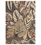 Luxury hand-tufted wool rug with a grey background and large beige, brown, and cream floral leaf patterns