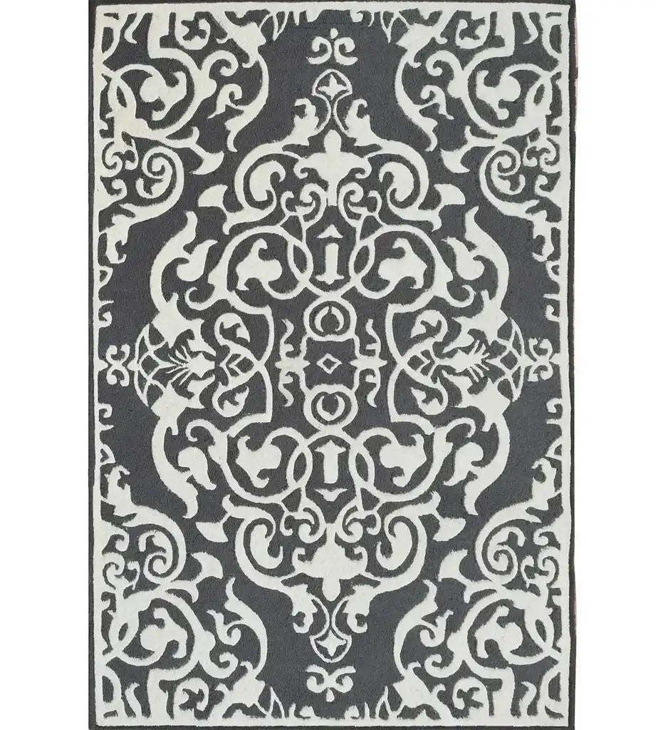 Grey and white hand-tufted traditional wool rug with intricate floral and swirl pattern