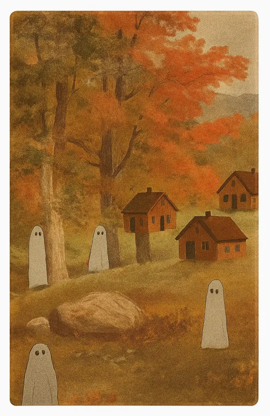 Autumn countryside scene with orange trees, small houses, and five simple ghost figures