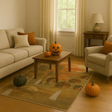 Cozy beige living room with Halloween pumpkins and a spooky autumn-themed rug featuring ghosts and houses