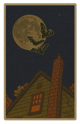 Halloween night rug with bats flying over full moon and haunted house.