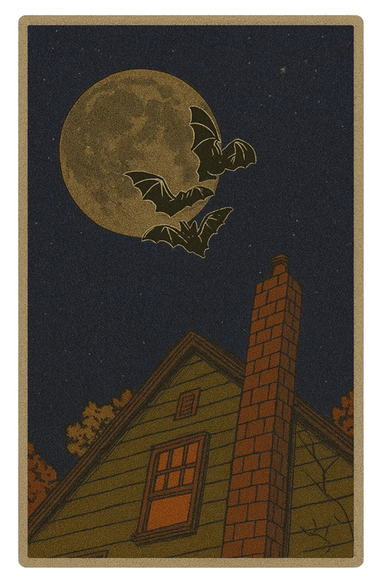 Halloween night rug with bats flying over full moon and haunted house.