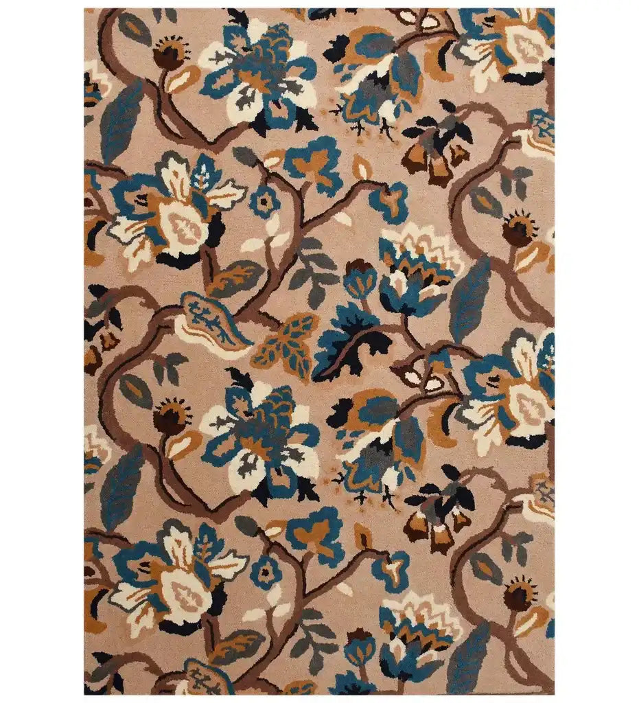 Beige area rug with blue, gold, and brown floral and leafy pattern